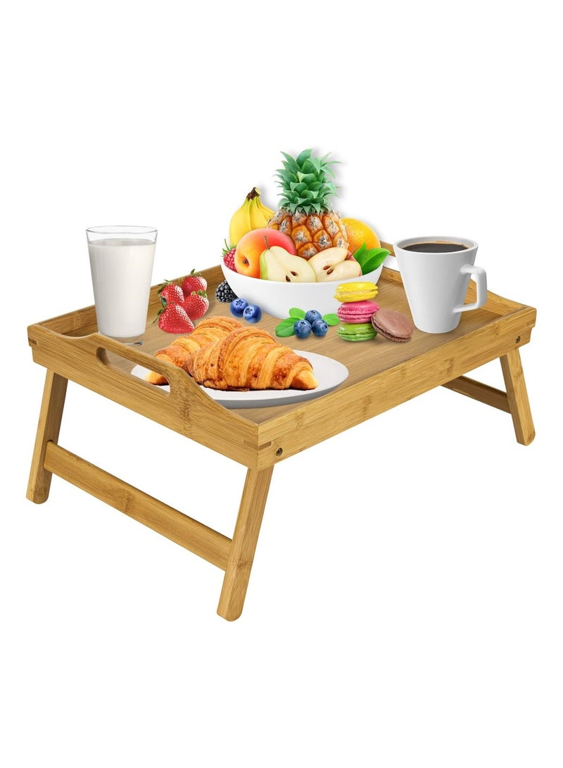 طاولة إفطار خشبية من الخيزران للسرير بقاعدة قابلة للطي - Image 1