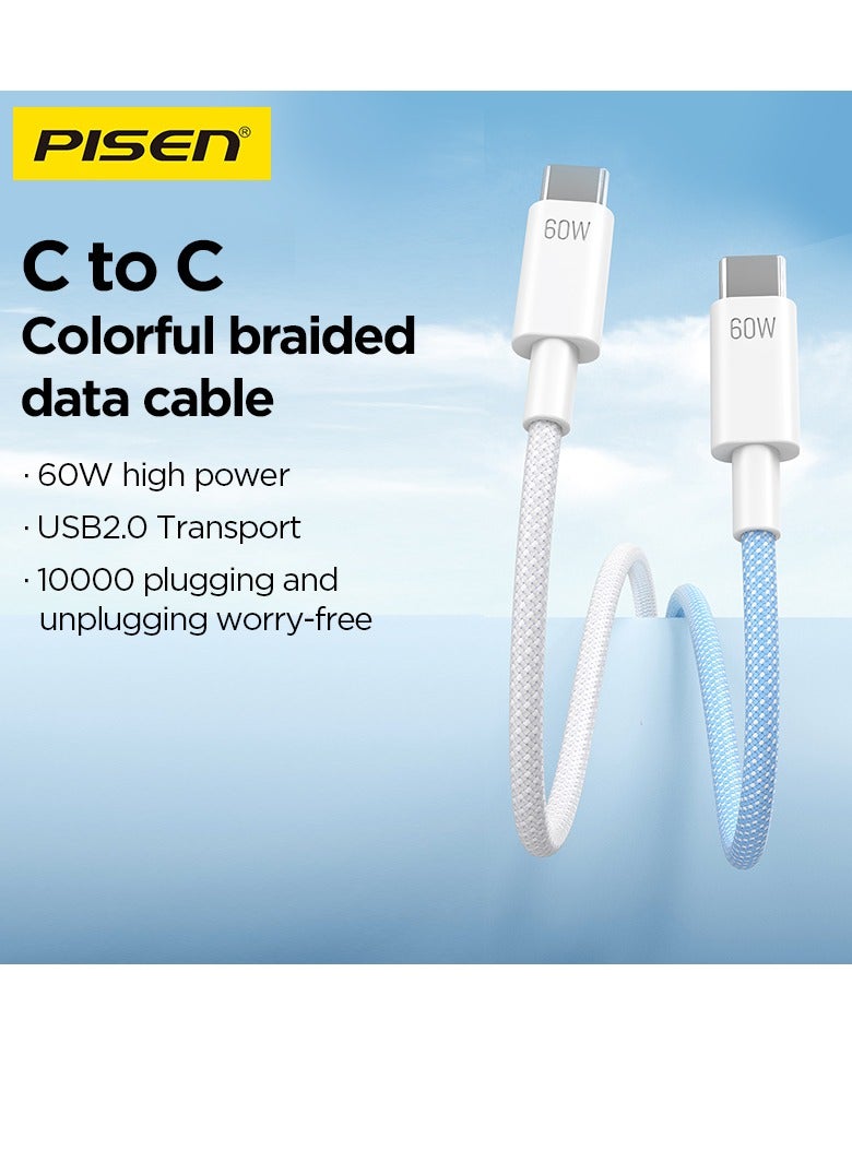 بايزن Pisen USB C to USB C Cable,60W 2-Pack [3.3ft+3.3ft] Fast Charging PD 3A Braided Type C Data Cord for iPhone 16/16 Plus/16 Pro/16 Pro Max/15, iPad, Samsung S25/S24/S23/S22 Ultra - Grey - Image 2