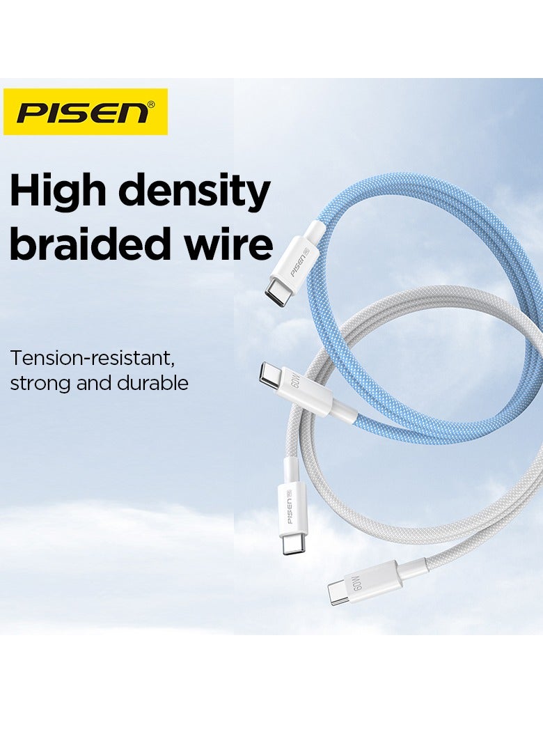 بايزن Pisen USB C to USB C Cable,60W 2-Pack [3.3ft+3.3ft] Fast Charging PD 3A Braided Type C Data Cord for iPhone 16/16 Plus/16 Pro/16 Pro Max/15, iPad, Samsung S25/S24/S23/S22 Ultra - Grey - Image 4