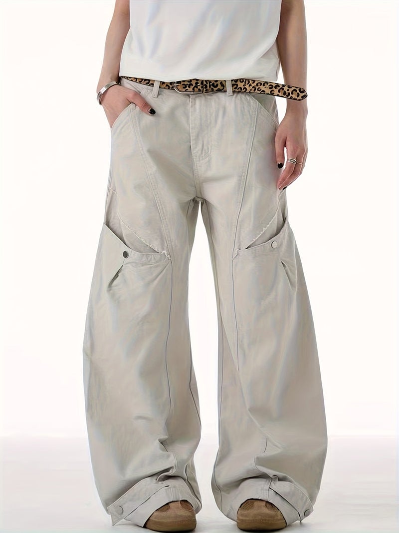American Retro Distressed Jeans Loose Wide Leg Straight Pocket Trousers Men Women Oversized Cargo Pants - Image 3