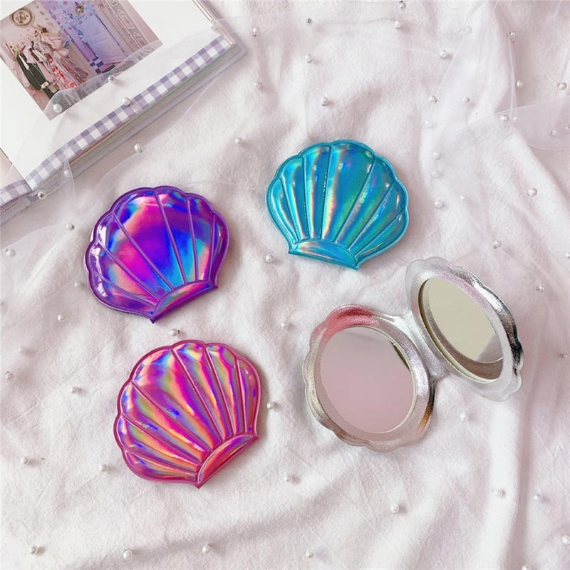 Compact Double-Sided Shell Cosmetic Mirror Set 2pcs Portable Small Pocket Makeup Mirrors for Travel and Everyday Use Random Color - Image 4
