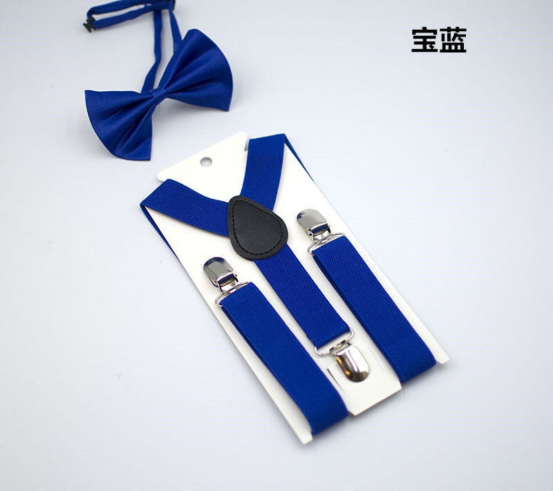Kids Unisex Solid Y-Back Suspenders Bowtie Set Royal Blue 