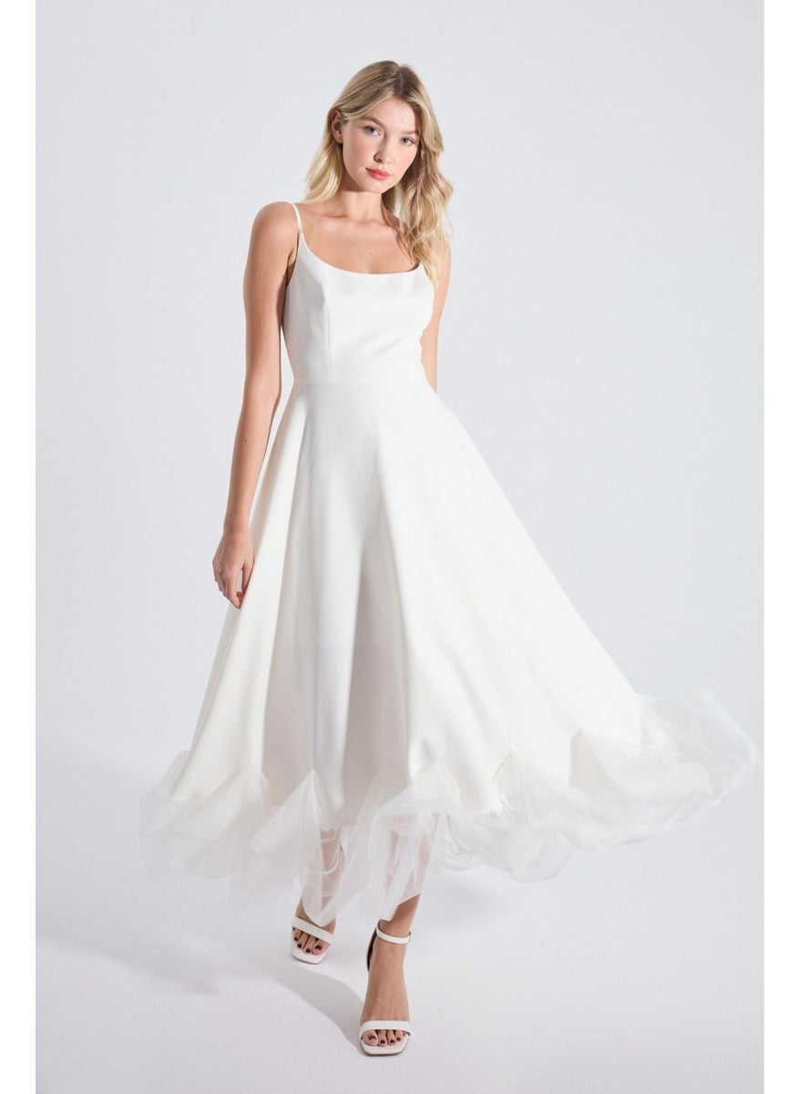 HOX'S Katniss | Thin Strap Long Flared Dress with Tulle Detail at Hem - Ecru  - Image 1