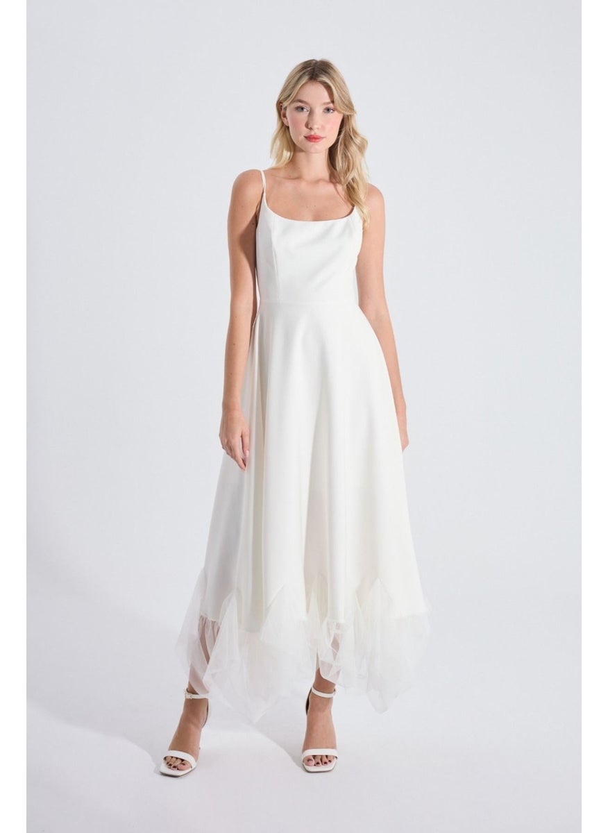 HOX'S Katniss | Thin Strap Long Flared Dress with Tulle Detail at Hem - Ecru  - Image 2