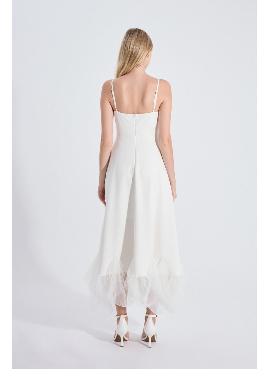 HOX'S Katniss | Thin Strap Long Flared Dress with Tulle Detail at Hem - Ecru  - Image 5