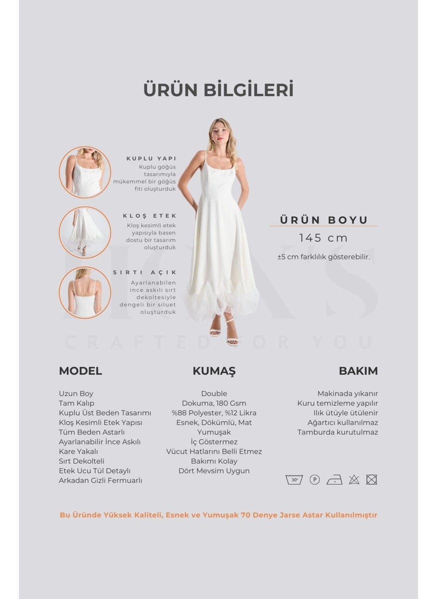HOX'S Katniss | Thin Strap Long Flared Dress with Tulle Detail at Hem - Ecru  - Image 3