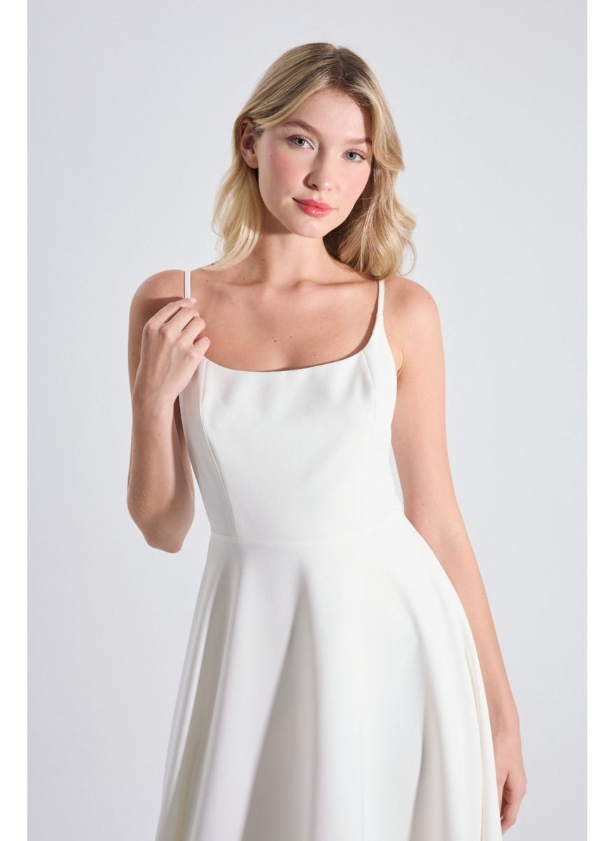 HOX'S Katniss | Thin Strap Long Flared Dress with Tulle Detail at Hem - Ecru  - Image 4