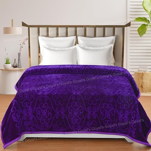 Goyal's 500 TC Mink Blanket Single Bed | Super Soft Heavy Warm Blanket | Floral Embossed Design | 63×85 Inches - Purple - Image 2