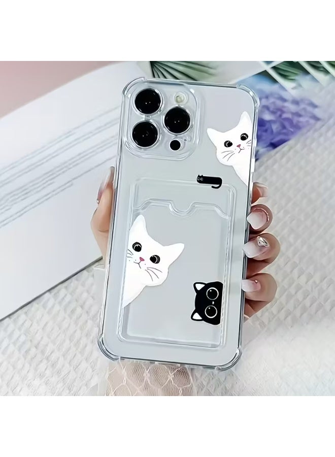 Temu A transparent mobile phone case with a creative black and white cat pattern, equipped with a card holder, suitable for iPhone 16 Pro Max. - Image 1