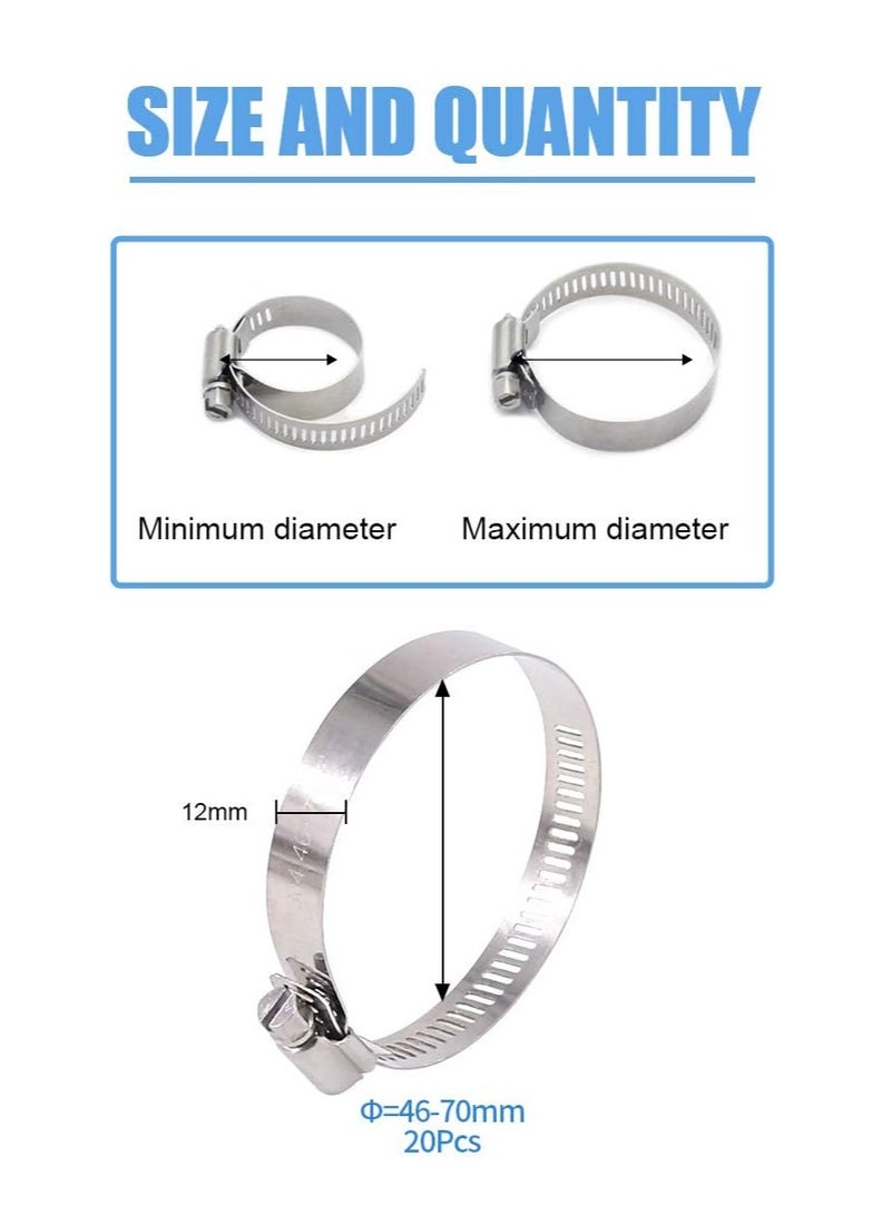 Generic 20 Pieces 304 Stainless Steel Adjustable 46-70mm Range Worm Gear Hose Clamp Combo Kit, Fuel Pipe Clamps for Water Pipe, Pipeline, Automotive and Mechanical Applications (46-70mm) - Image 2