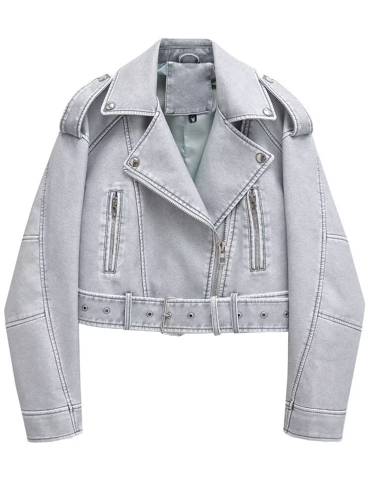 2024 Fall New Chic Faux Leather Biker Jacket light gray 