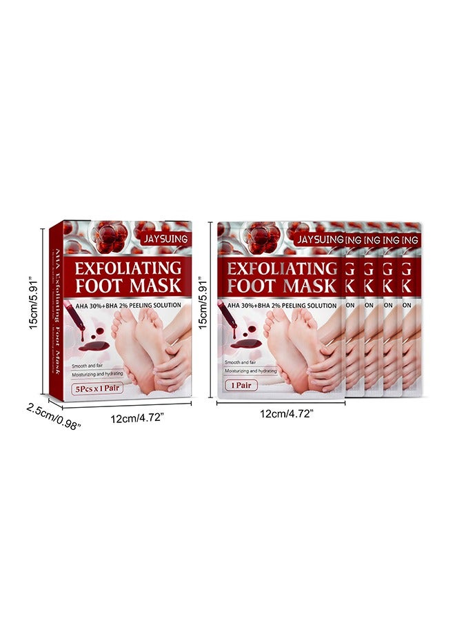 Exfoliating Foot Mask, AHA 30%+BHA 2% Peeling Solution, Moisturizing, Removes Calluses, Hydrates, Heals Cracked Dry Rough Heels, Peels Off Dead Skin 5 Pairs