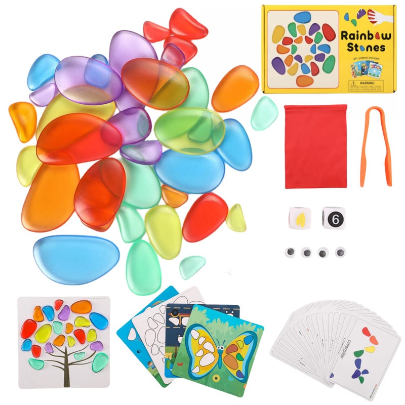 Odoorgames 36 Pcs Translucent Pebbles Rainbow StonesLight Table Manipulatives PreschoolLight Table Accessories Includes 24 Activity Cards - Image 3