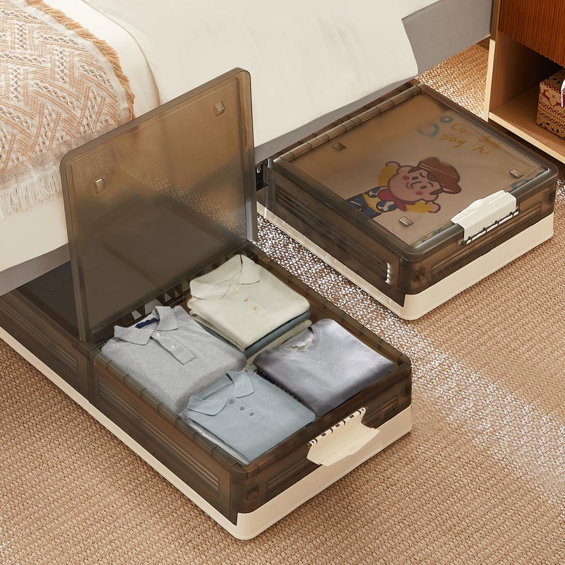 VECELO Under Bed Storage with Wheels, 2 Pack Stackable Under Bed Storage Containers, Underbed Storage Containers with Lids, Plastic Foldable Folding Box for Clothes Shoes, Grey - Image 1