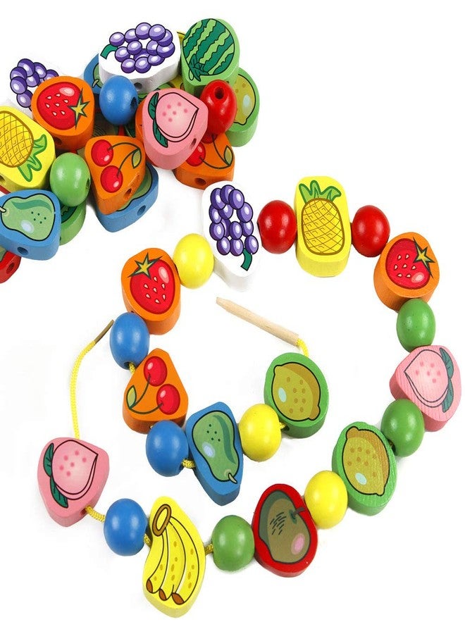 Folca 60 pcs Kids Fruit Beads Wooden Stringing Toys Kit Threading Beads Game, 3+ (String of Fruit Beads)