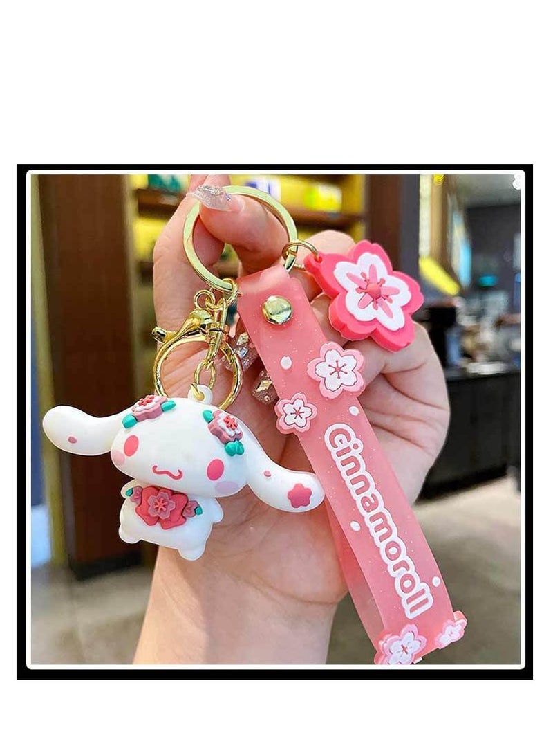 Pink cherry blossom Sanrio doll cinnamon dog keychain pendant cute cartoon pendant car keychain - Image 2