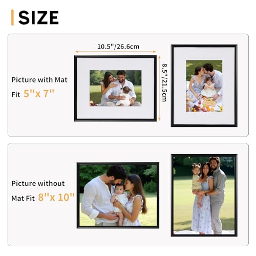 Edenseelake 8x10 Picture Frame Set of 6, Display 5x7 Picture with Mat or 8x10 Without Mat, Black Photo Frame for Wall Hanging or Tabletop - Image 2