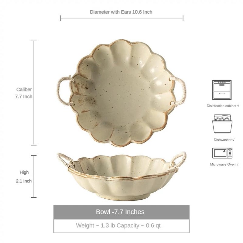 Amitofo 7.7inch Small Vintage Scalloped Ceramic Bowl with Rope Handles, Retro Style Glazed Purse Bowl for Serving Fruit,Salad,Table Centerpiece Decor (Yellow) - Image 4