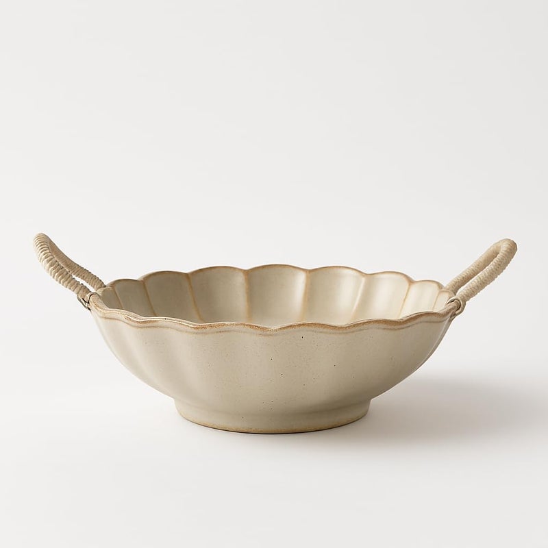 Amitofo 7.7inch Small Vintage Scalloped Ceramic Bowl with Rope Handles, Retro Style Glazed Purse Bowl for Serving Fruit,Salad,Table Centerpiece Decor (Yellow) - Image 1