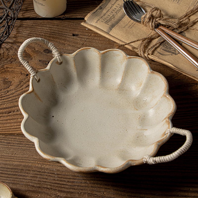 Amitofo 7.7inch Small Vintage Scalloped Ceramic Bowl with Rope Handles, Retro Style Glazed Purse Bowl for Serving Fruit,Salad,Table Centerpiece Decor (Yellow) - Image 5