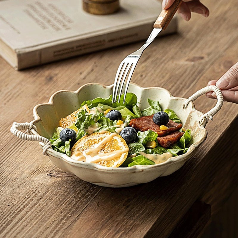 Amitofo 7.7inch Small Vintage Scalloped Ceramic Bowl with Rope Handles, Retro Style Glazed Purse Bowl for Serving Fruit,Salad,Table Centerpiece Decor (Yellow) - Image 2
