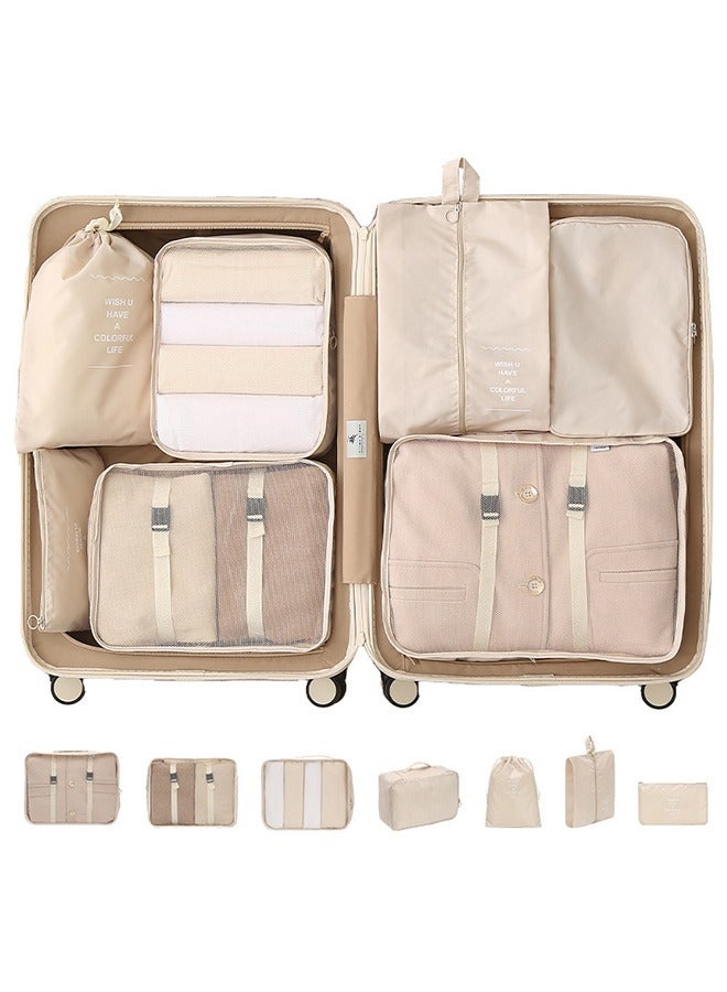 Travel Organizer Folding Set Toiletries Cosmetic Bag Clothes Shoes Digital Storage Bag Drawstring Luggage Travel Bag Beige  - Image 4