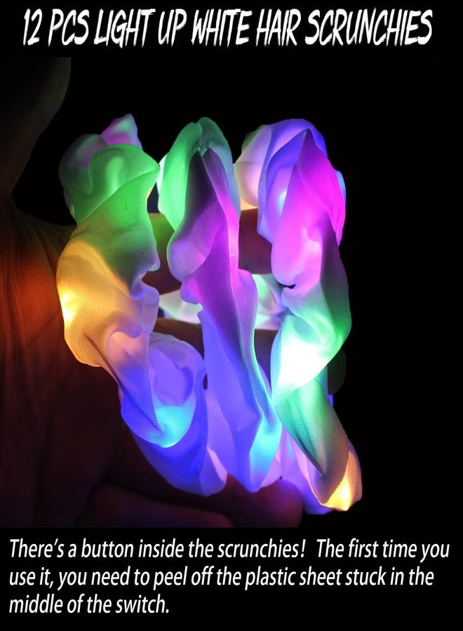 Jeffan 12PCS LED Hair Scrunchies Light Up White Scrunchies,Satin Ponytail Holder Glow in the Dark Hair Accessories Neon Rave Party Supplies - Image 3