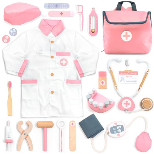 UMU Wooden Doctor Kit for Kids  Doctor  Dentist Play Set for Toddlers with Dr Coat Stethoscope Tooth Model  More  Dress Up  Pretend Play  Medical Toy for Girls Ages 3 4 5 6 - Image 1