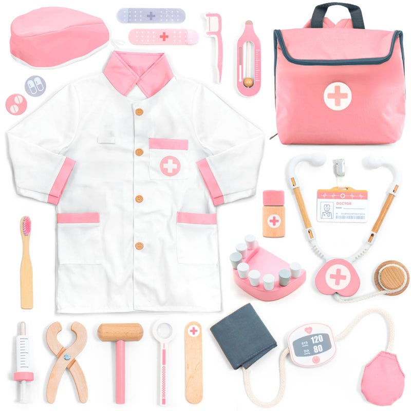 UMU Wooden Doctor Kit for Kids  Doctor  Dentist Play Set for Toddlers with Dr Coat Stethoscope Tooth Model  More  Dress Up  Pretend Play  Medical Toy for Girls Ages 3 4 5 6 - Image 3