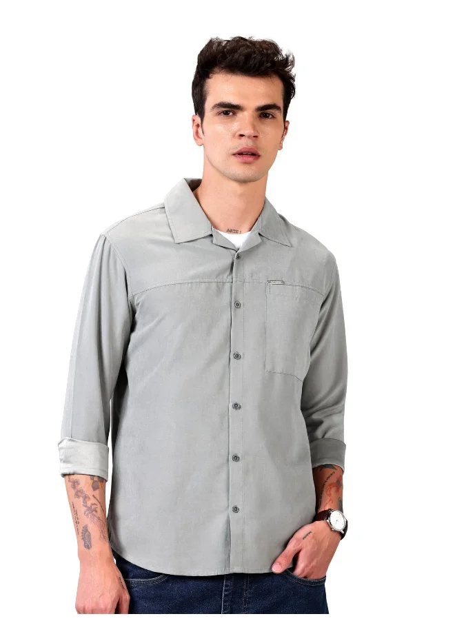 بيونغ Light Grey Solid Suede Urban Shirt for Men