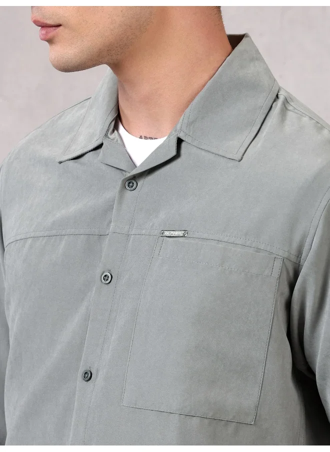 بيونغ Light Grey Solid Suede Urban Shirt for Men