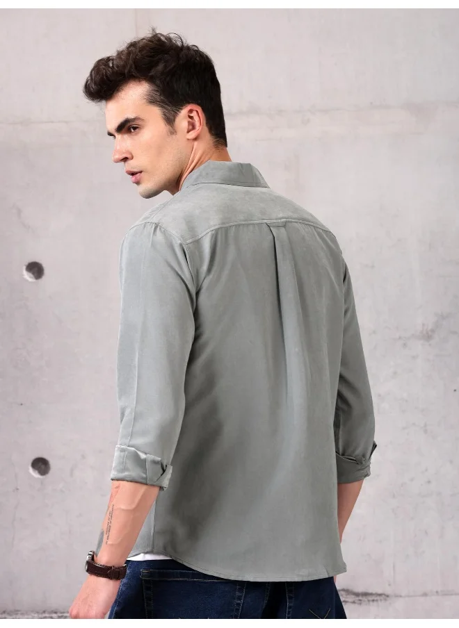 بيونغ Light Grey Solid Suede Urban Shirt for Men