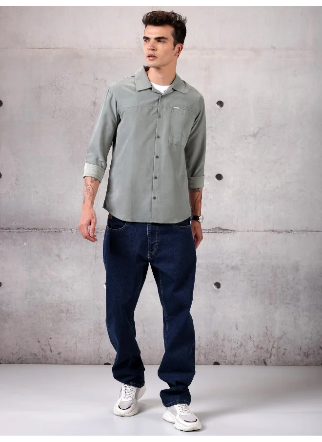 بيونغ Light Grey Solid Suede Urban Shirt for Men