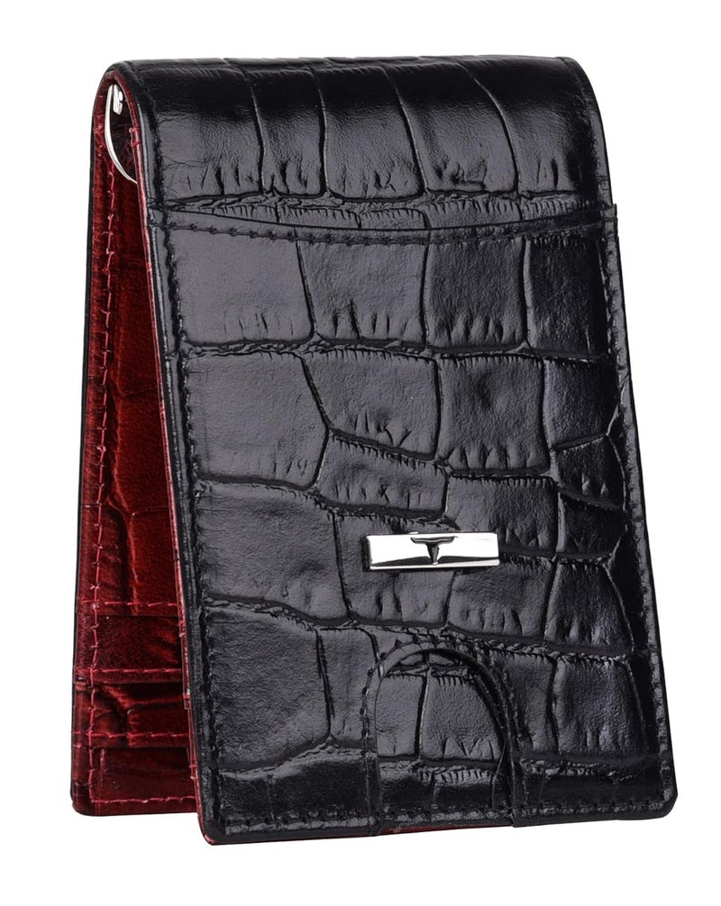 URBANFOREST Eddy Printed Black/Dark Red Money Clip Leather Wallet for Men - Image 1