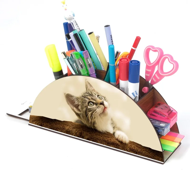 نوتبا Wooden Cat Rainbow Ruled Desktop Pencil Holder Box Organizer for Kids GK123