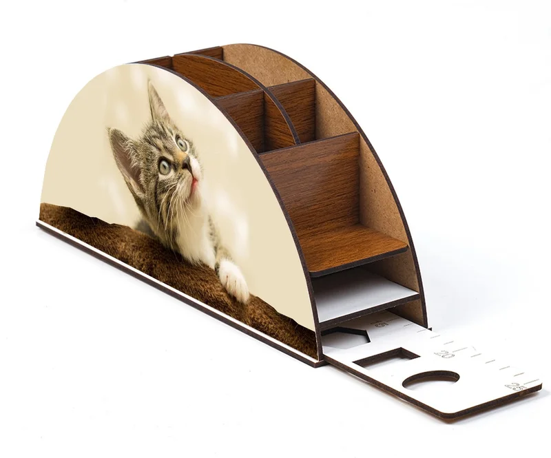 نوتبا Wooden Cat Rainbow Ruled Desktop Pencil Holder Box Organizer for Kids GK123