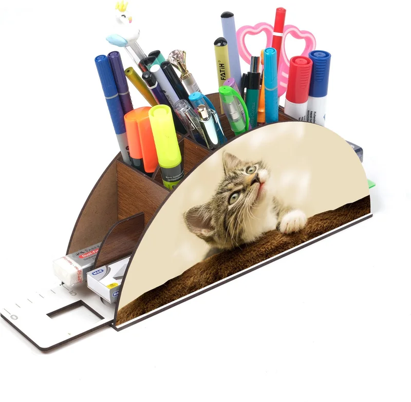نوتبا Wooden Cat Rainbow Ruled Desktop Pencil Holder Box Organizer for Kids GK123