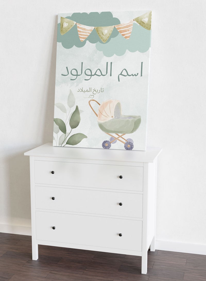 LOWHA Customizable Canvas Wall Art Stretched Over Wooden Frame Personalized with Baby's name, Birth Date and Stroller and Plant Leaves Design - Image 5