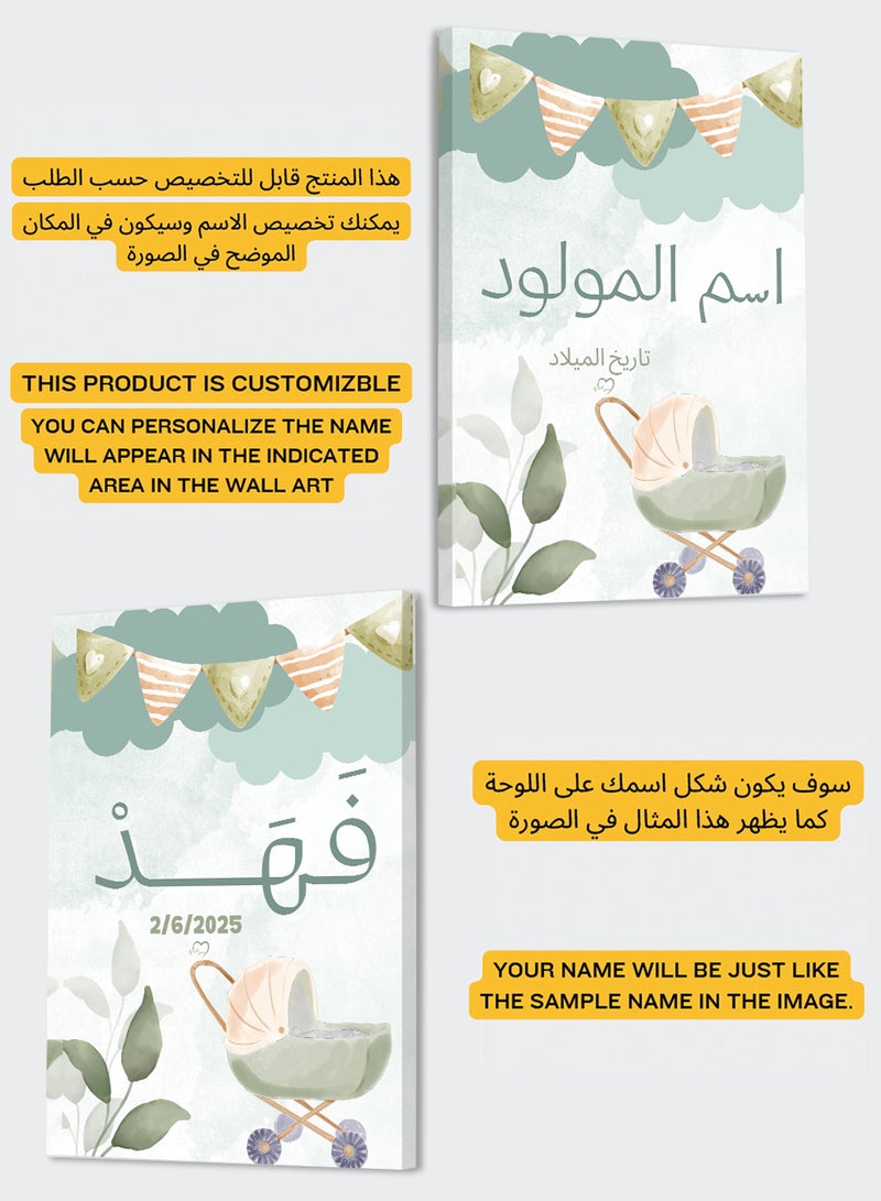 LOWHA Customizable Canvas Wall Art Stretched Over Wooden Frame Personalized with Baby's name, Birth Date and Stroller and Plant Leaves Design - Image 2