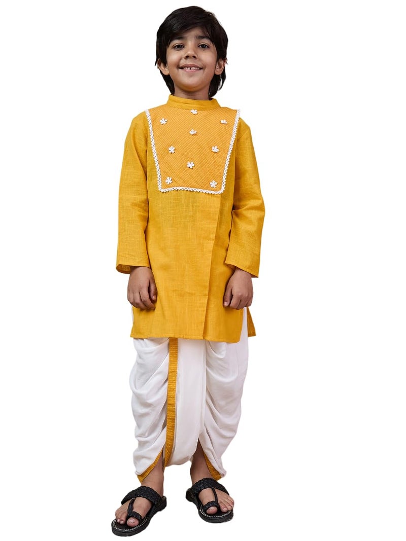 Pspeaches Boys Mandarin Collar Floral Yoke Design Regular Thread Work Kurta with Dhoti Pants (10-12Years) - Image 5