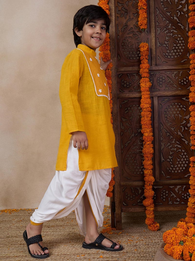 Pspeaches Boys Mandarin Collar Floral Yoke Design Regular Thread Work Kurta with Dhoti Pants (10-12Years) - Image 4