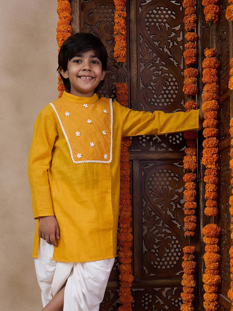 Pspeaches Boys Mandarin Collar Floral Yoke Design Regular Thread Work Kurta with Dhoti Pants (10-12Years) - Image 3