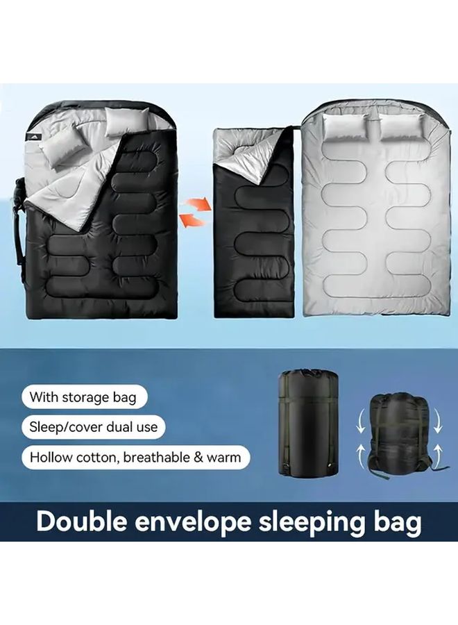 Double Person Portable Sleeping Bag With Pillow Army Green Envelope Style Thickened Comfortable Soft Breathable For Autumn Winter Office Car Naps Outdoor Camping Travel - Image 2