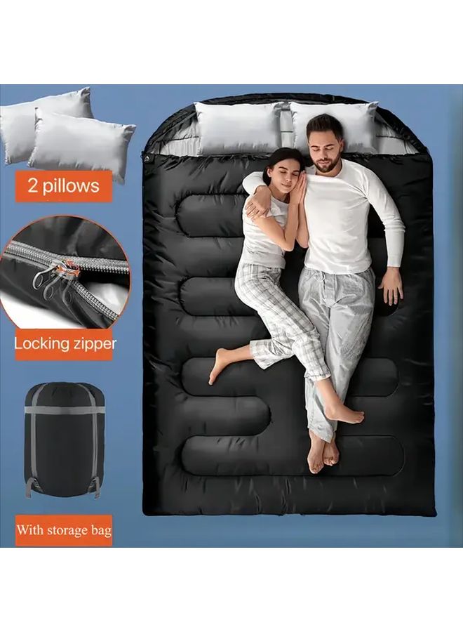 Double Person Portable Sleeping Bag With Pillow Army Green Envelope Style Thickened Comfortable Soft Breathable For Autumn Winter Office Car Naps Outdoor Camping Travel - Image 1