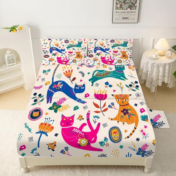 CAT SHEET SET TWIN CUTE CATS BED SHEETS TWIN SIZE FOR GIRLS KIDS TEENS TODDLER KAWAII CARTOON FLORAL PRINT 3 PIECE BEDDING SETS 1 FITTED SHEET 1 FLAT SHEET 1 PILLOWCASE