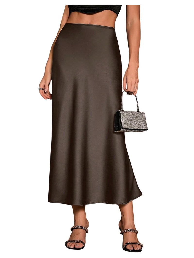Verdusa Women's High Waisted Satin Skirt Elegant Long Skirts Coffee Brown Medium - Image 1