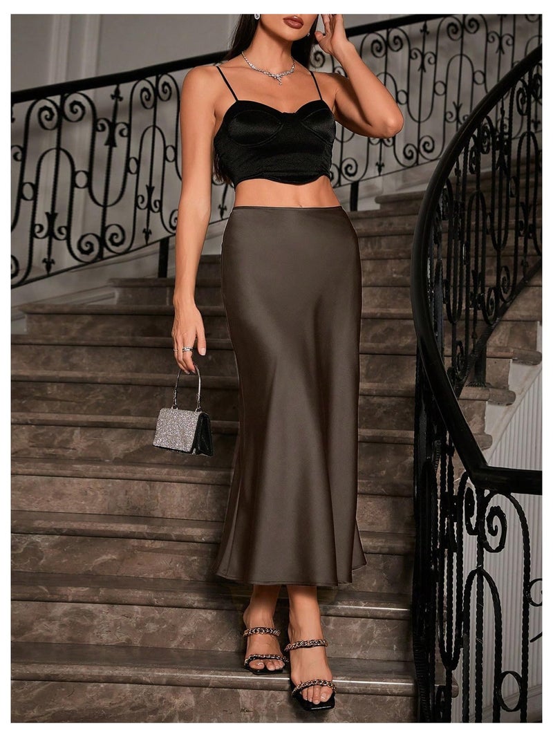 Verdusa Women's High Waisted Satin Skirt Elegant Long Skirts Coffee Brown Medium - Image 3