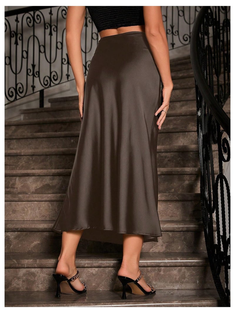 Verdusa Women's High Waisted Satin Skirt Elegant Long Skirts Coffee Brown Medium - Image 2