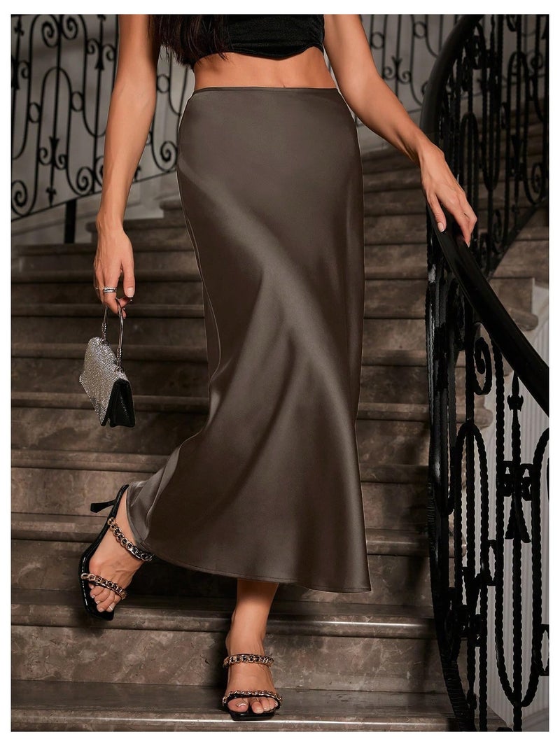 Verdusa Women's High Waisted Satin Skirt Elegant Long Skirts Coffee Brown Medium - Image 4