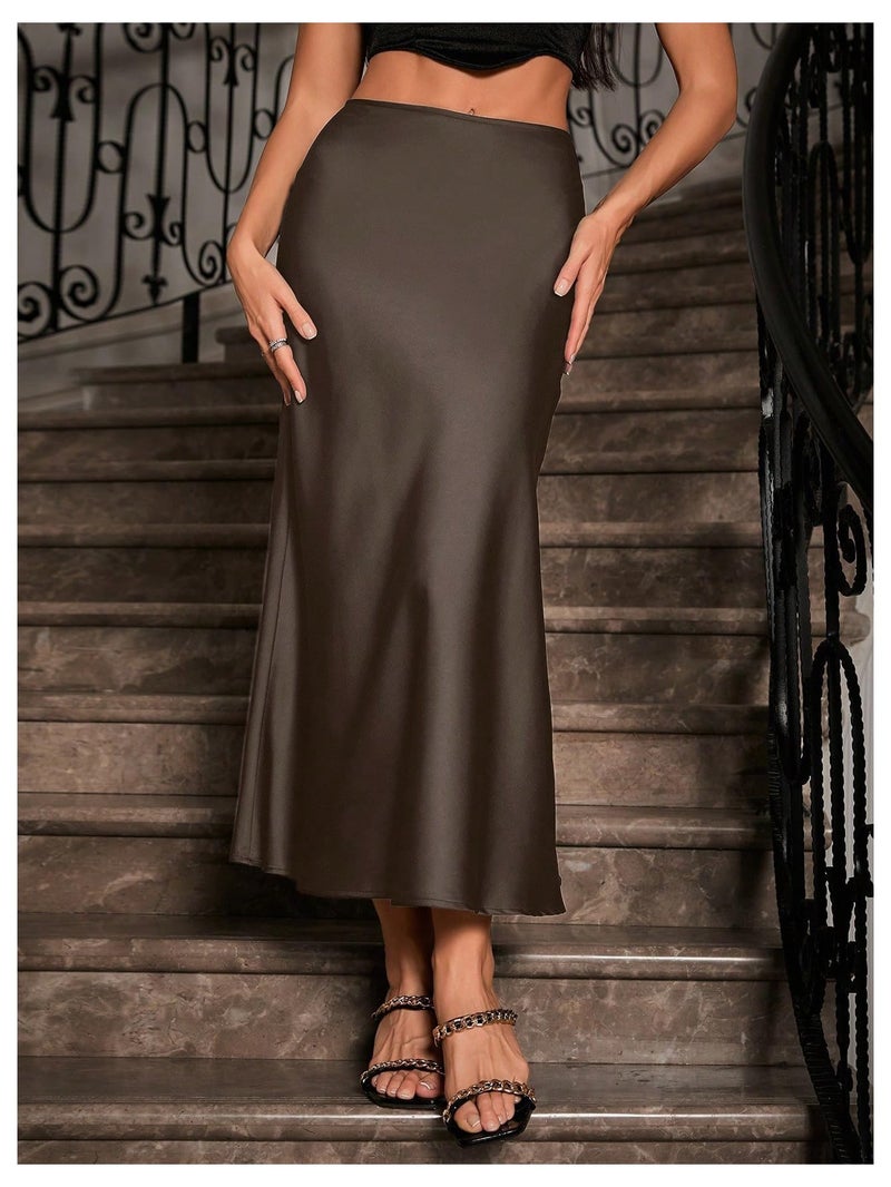 Verdusa Women's High Waisted Satin Skirt Elegant Long Skirts Coffee Brown Medium - Image 5
